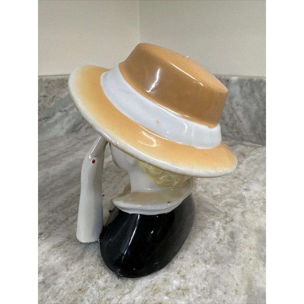 Vintage Lady In Yellow Hat Bust Red Lipstick & Nails 1950s MCM Figurine